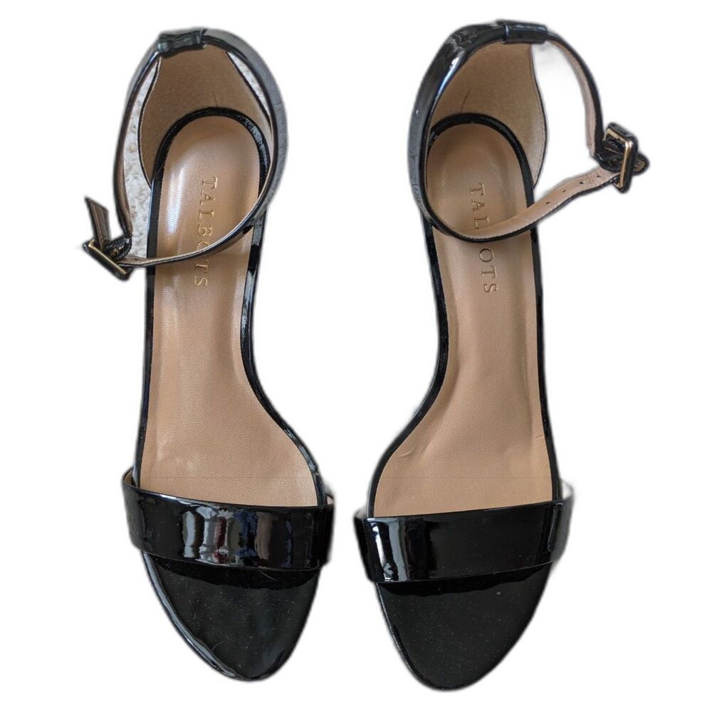 NWOT Talbots Shiny Black Patent Leather Buckled Ankle Strap High Heels Sz 8.5